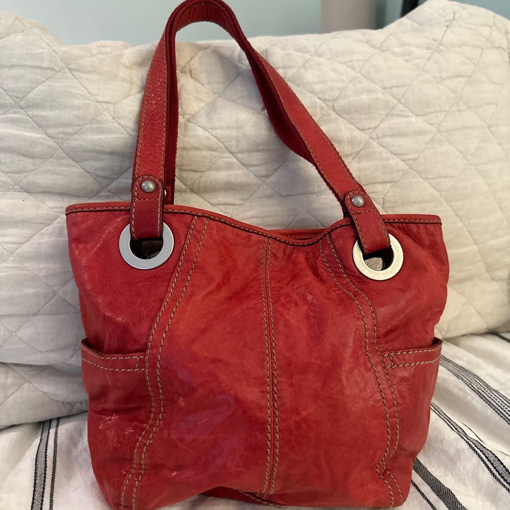 Red Leather Fossil Tote Bag